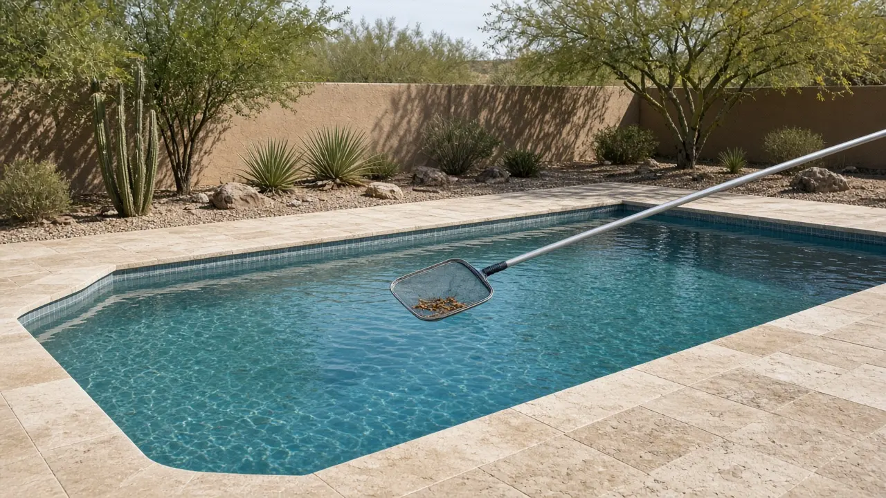 Leaf-skimmer net resting on the water of a residential backyard pool