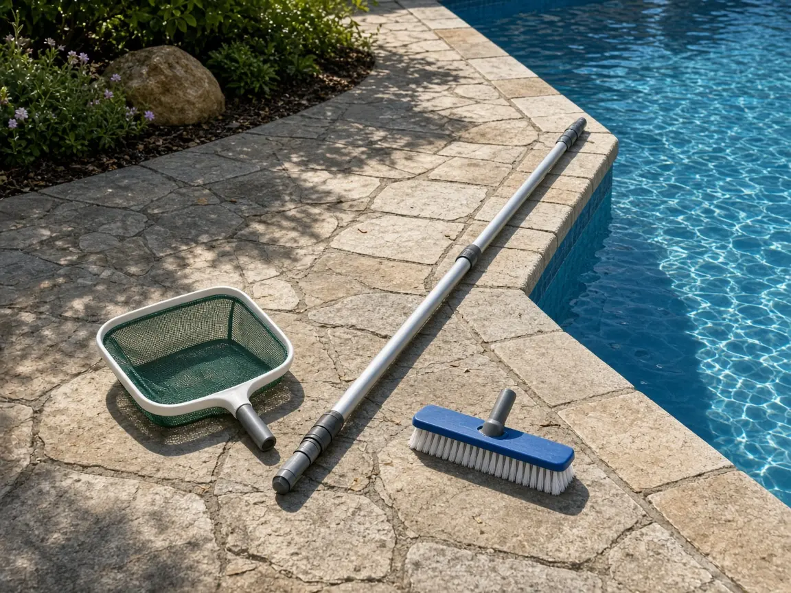 Pool skimmer net, pole, and brush on a residential pool deck