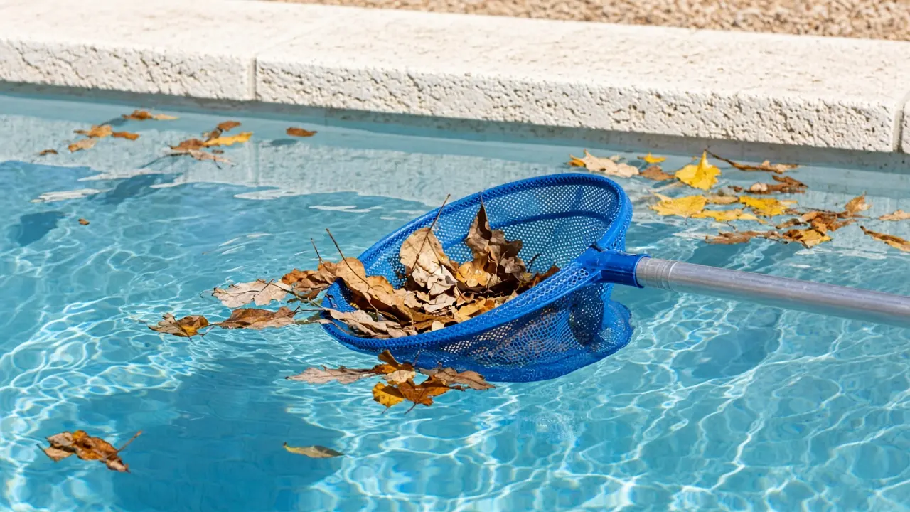 Mesh skimmer net lifting wet leaves from residential pool water